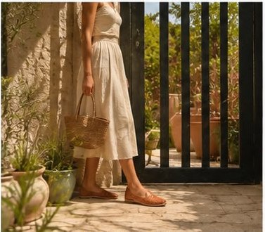 Modelo caminando con huaraches cognac junto a un portón