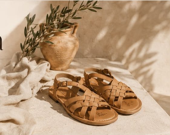 Sandalias de piel junto a una vasija con ramas de olivo