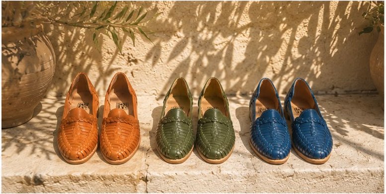 Tres pares de huaraches camel, verde oliva y azul alineados sobre piedra
